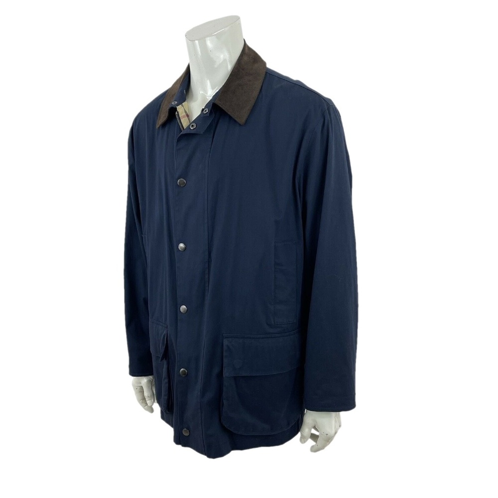 - Brooks Brothers Blue Cotton Barn Coat Brown Collar Check Lining Mens Lar…